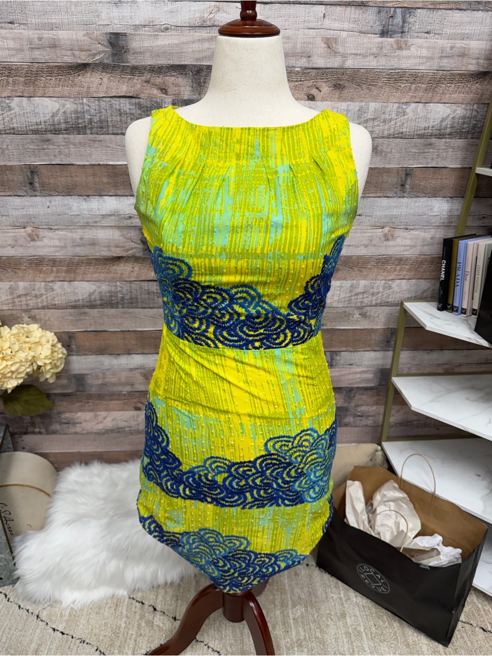 Tabitha Anthropologie Yellow & Navy Embroidered Dress 6